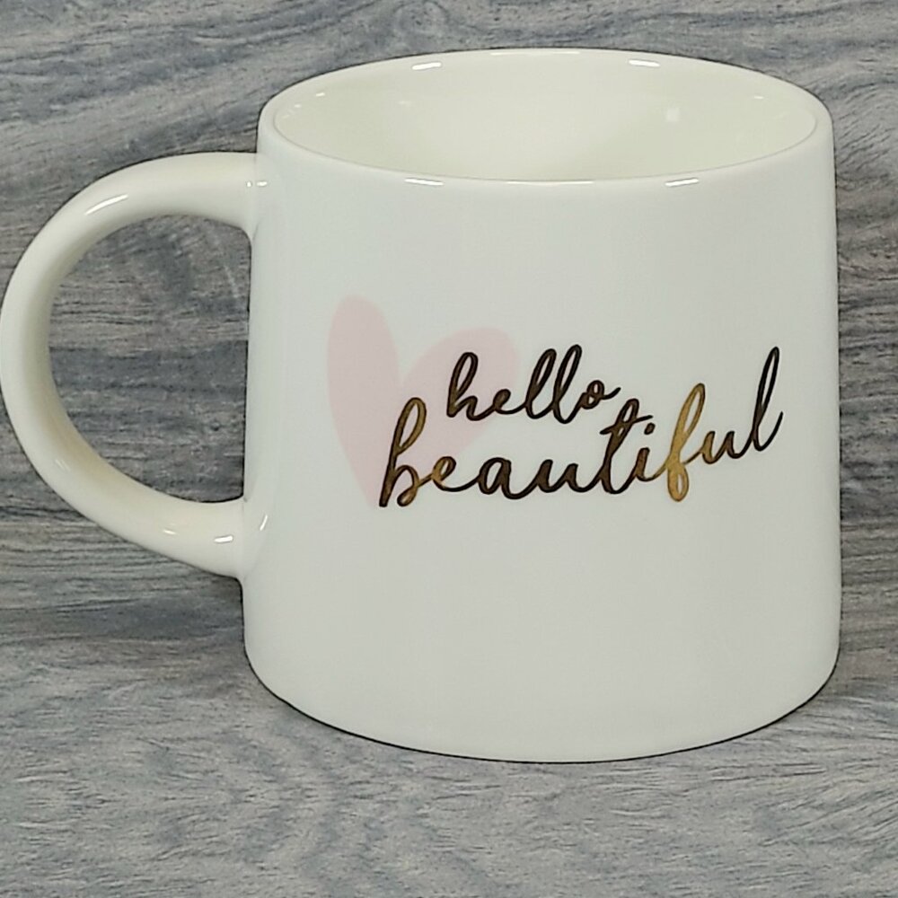 Threshold  "Hello Beautiful" Porcelain Coffee Tea Cup Mug 16 oz. Pink White Gold